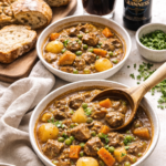 Irish lamb stew served in bowls with Irish soda bread and a glass of Guinness beer