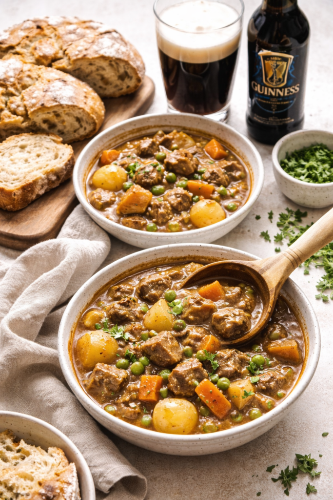 Irish lamb stew served in bowls with Irish soda bread and a glass of Guinness beer