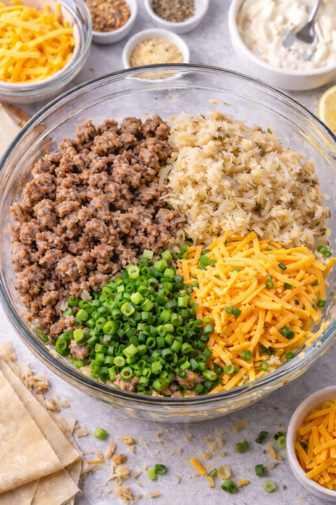 Cooked sausage, sauerkraut, shredded Irish cheddar, and chopped green onions in a glass bowl before mixing for Irish egg rolls