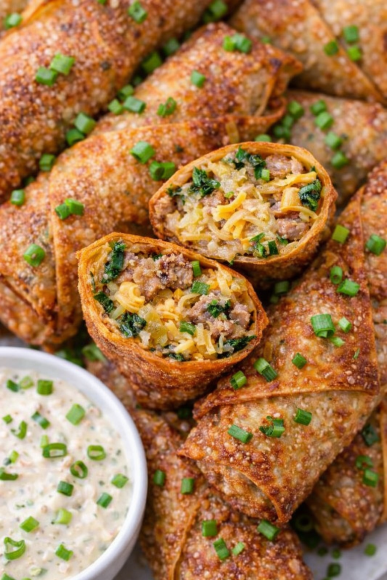 Crispy Irish sausage egg rolls filled with sausage, sauerkraut, and Irish cheddar served with creamy horseradish dipping sauce and green onions