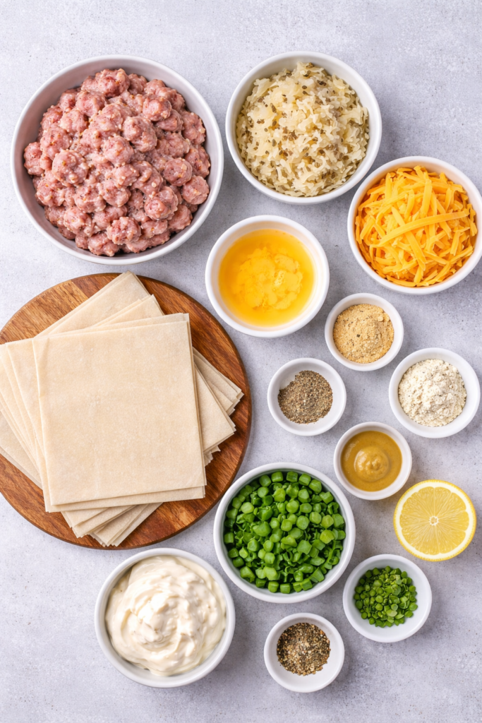 Flat lay of ingredients for Irish sausage egg rolls including ground sausage, sauerkraut, Irish cheddar, egg roll wrappers, green onions, and horseradish sauce ingredients