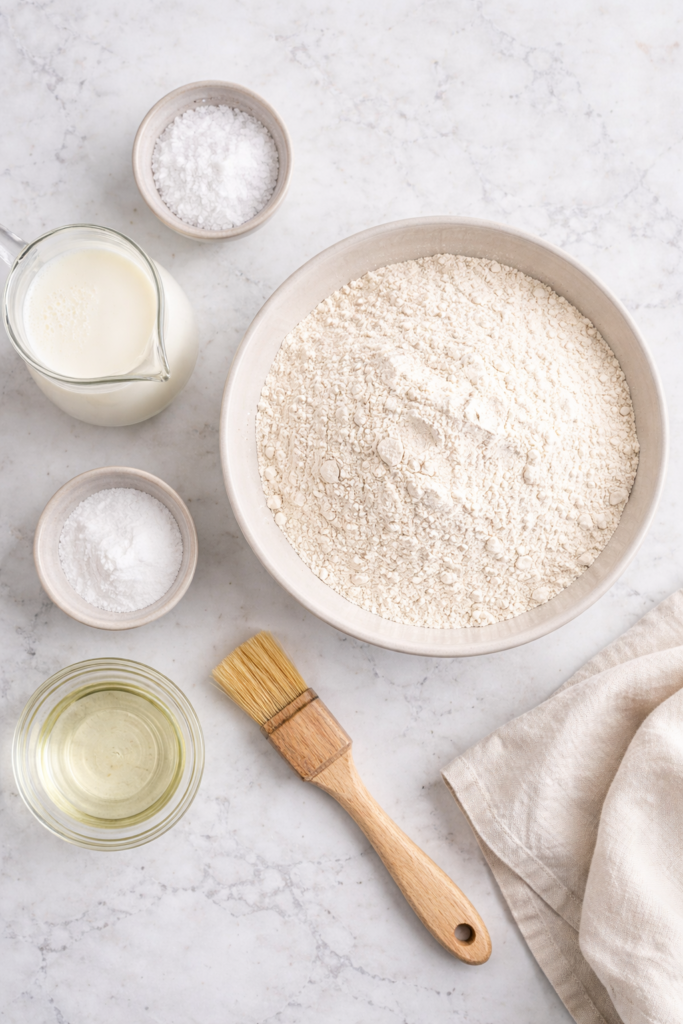Flat lay of Irish soda bread ingredients including flour, buttermilk, baking soda, salt, and oil on marble countertop
