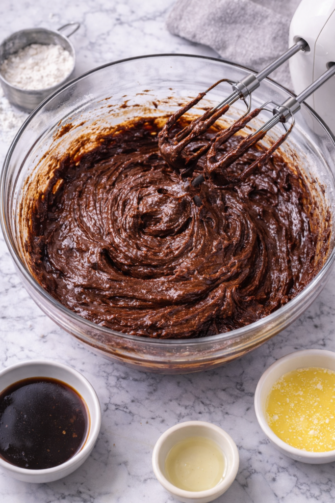 Brownie batter being mixed in a glass bowl with electric mixer on a marble countertop, showing rich chocolate batter for Irish spiked brownies.