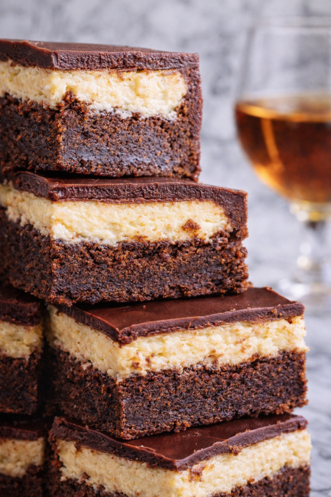 Stacked Irish spiked brownies with rich chocolate layers, creamy Irish cream filling, and glossy whiskey glaze on a light marble background.