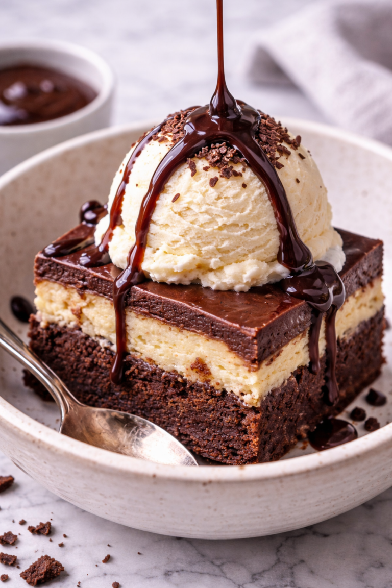 Irish spiked brownie topped with vanilla ice cream and chocolate syrup in a ceramic bowl on a marble countertop.