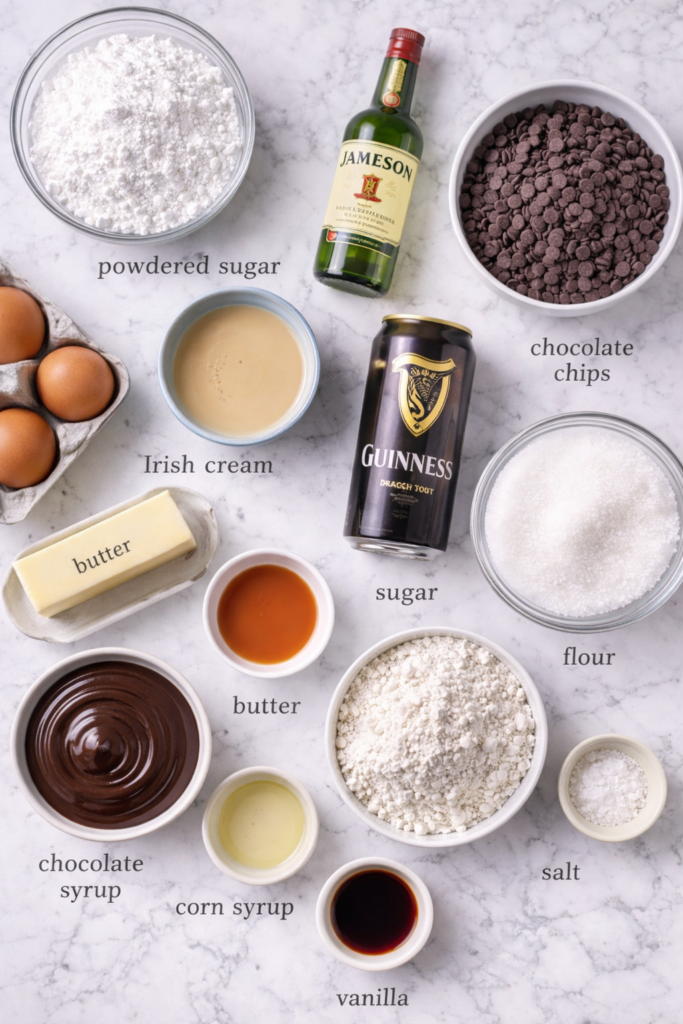 Flat lay of Irish spiked brownie ingredients including Guinness stout, Jameson Irish whiskey, Irish cream, chocolate chips, butter, eggs, flour, sugar, and baking staples on a marble countertop.