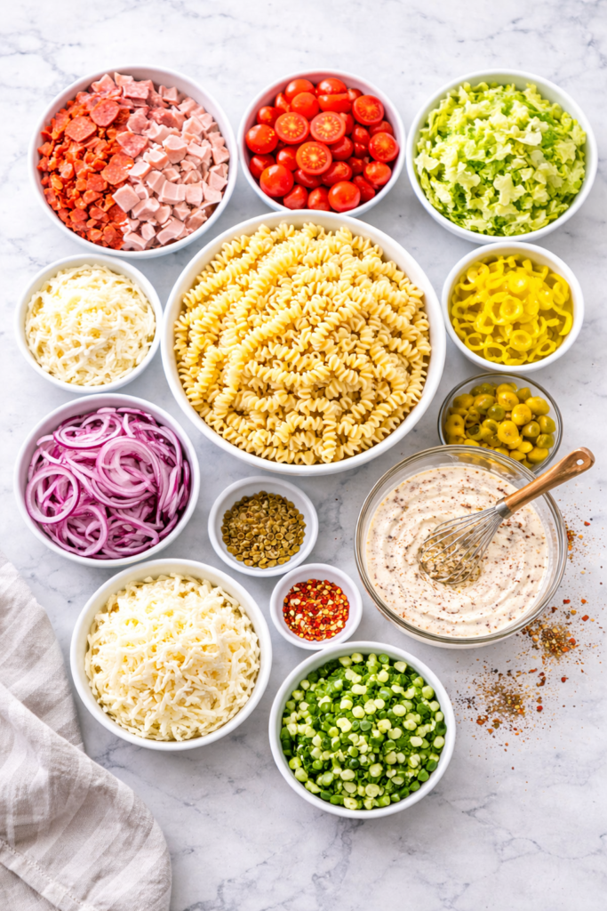 Flat lay of ingredients for creamy Italian grinder pasta salad including rotini pasta, deli meats, lettuce, tomatoes, red onion, banana peppers, mozzarella, and creamy dressing on marble background