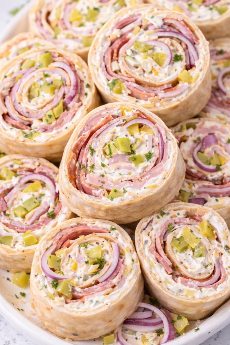stacked italian grinder pickle dip pinwheel sandwiches with ham salami capicola and red onion slices