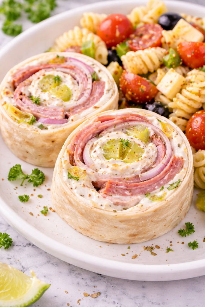 italian grinder pickle dip pinwheel sandwiches served with pasta salad on a white plate