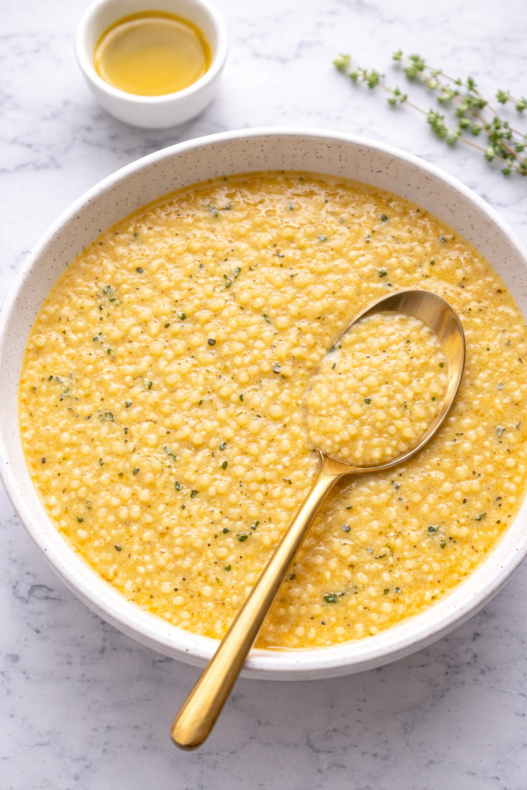 Creamy Italian penicillin soup with acini di pepe pasta in a white bowl on a marble countertop