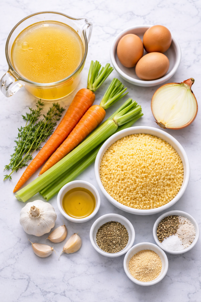 Flat lay of ingredients for Italian penicillin soup including carrots, celery, garlic, onion, eggs, chicken broth, and acini di pepe pasta on marble counter