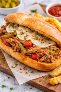 Italian pulled pork sandwich with peppers, onions, and melted cheese on toasted hoagie roll