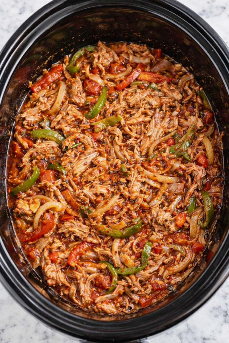 Italian pulled pork with peppers and onions in a slow cooker with tomato sauce