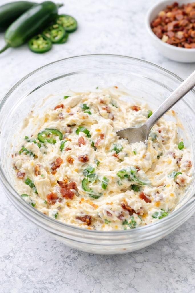 mixing jalapeno popper cream cheese spread with bacon and jalapenos in a glass bowl