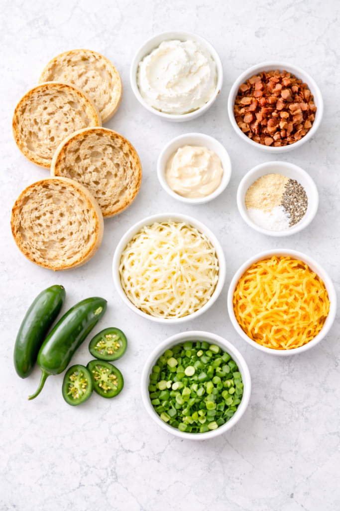 flat lay ingredients for jalapeno popper english muffin pizzas with bacon cream cheese jalapenos and shredded cheese