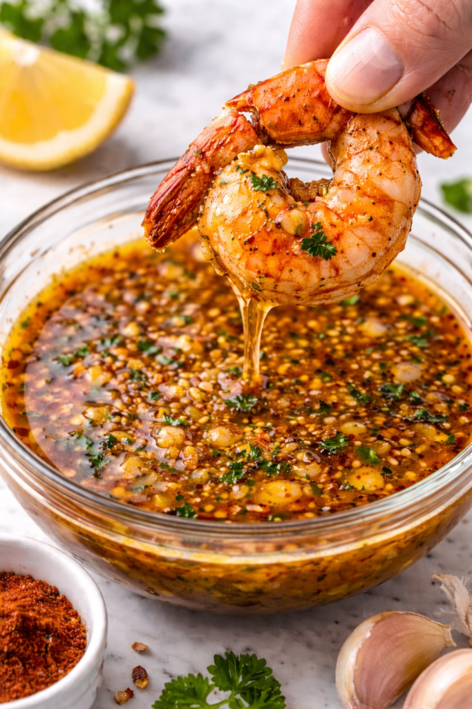Hand holding a jumbo shrimp by the tail dipping it into a bowl of garlic butter seafood boil sauce with garlic and Cajun spices.