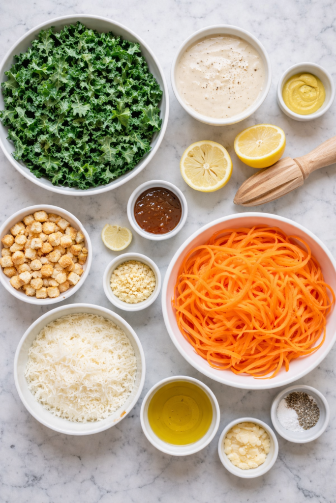 Flat lay of ingredients for kale and carrot Caesar salad including kale, shaved carrots, Parmesan cheese, croutons, lemon, garlic, and Caesar dressing on a marble counter