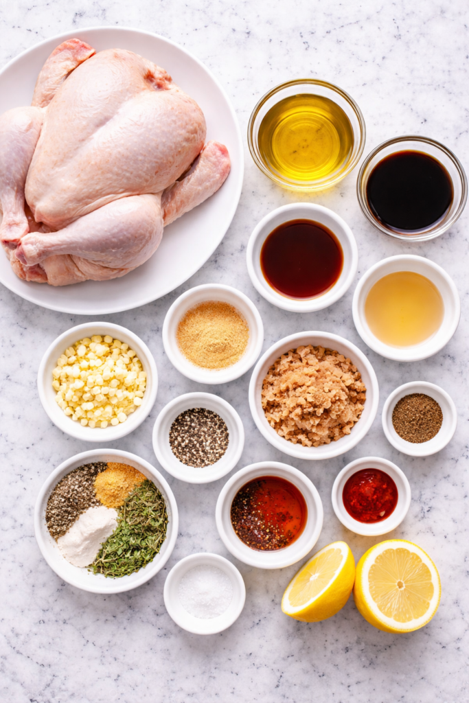 Flat lay of ingredients for rotisserie chicken marinade including whole chicken, lemon, oil, spices, and seasonings on marble