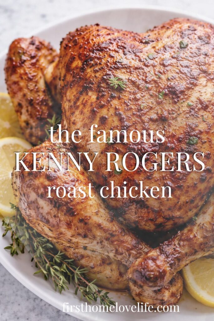 Golden rotisserie chicken on white platter with lemon and thyme styled for Kenny Rogers copycat recipe
