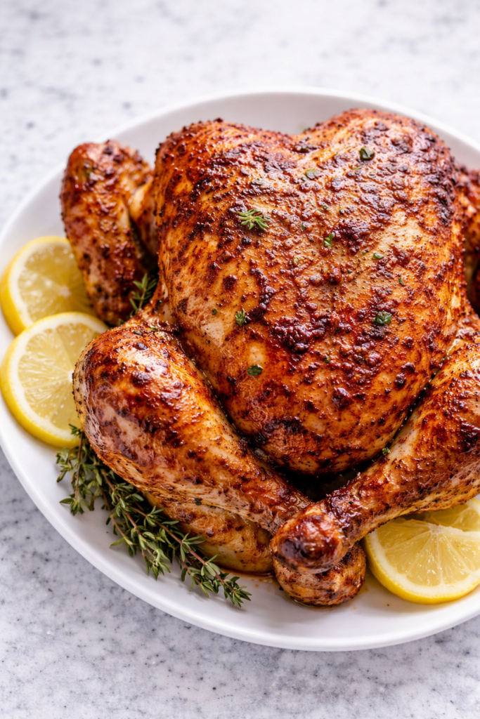 Juicy, golden rotisserie chicken with a savory, slightly sweet marinade inspired by the classic Kenny Rogers flavor