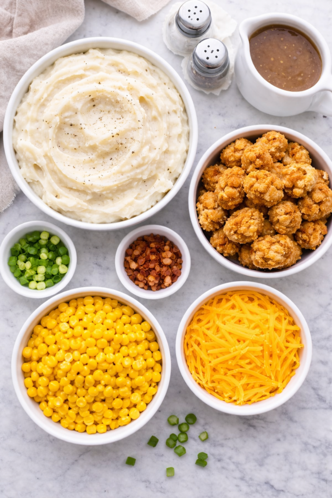 Flat lay of ingredients for a KFC Famous Bowl copycat including mashed potatoes, popcorn chicken, sweet corn, shredded cheddar cheese, and brown gravy on a marble countertop.