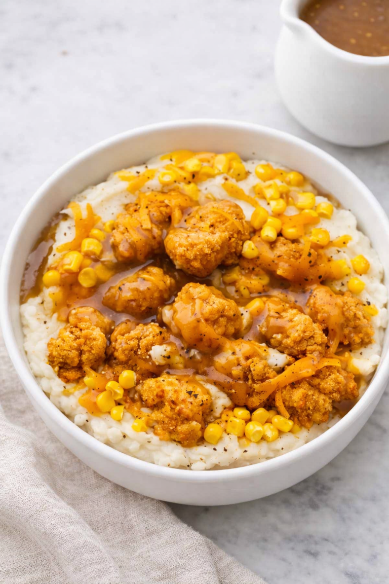 Homemade KFC Famous Bowl copycat with mashed potatoes, crispy fried chicken, sweet corn, brown gravy and melted cheddar cheese in a white bowl on a marble counter