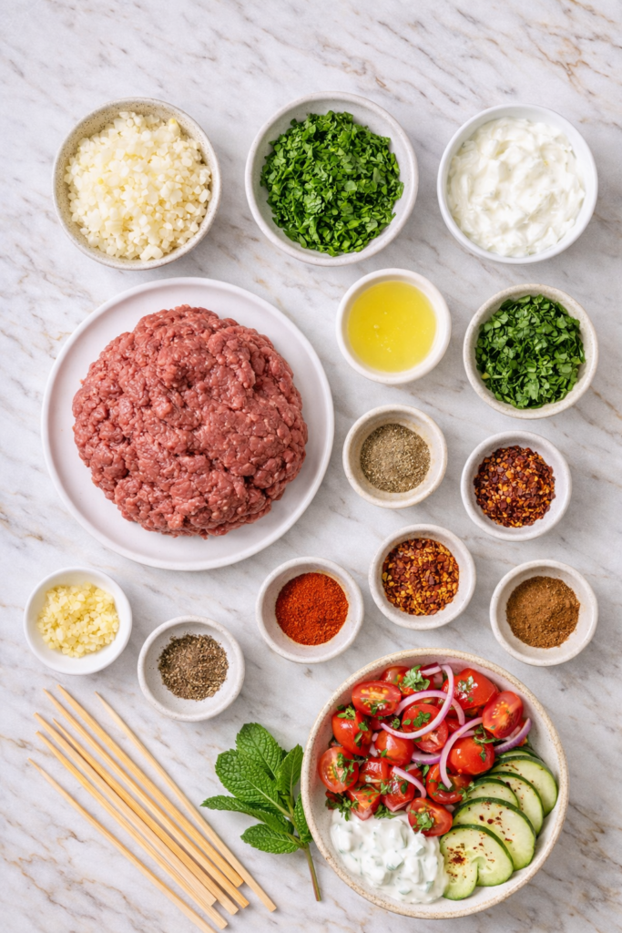 Flat lay of ingredients for Lebanese kafta kabobs including ground beef, chopped onion, parsley, garlic, spices, yogurt, cucumber, tomatoes, and wooden skewers on a marble countertop.