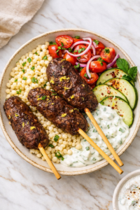 Lebanese kafta kabobs served in a rustic ceramic bowl with pearl couscous, creamy yogurt sauce, marinated tomatoes, red onion, and fresh cucumbers on a marble countertop.
