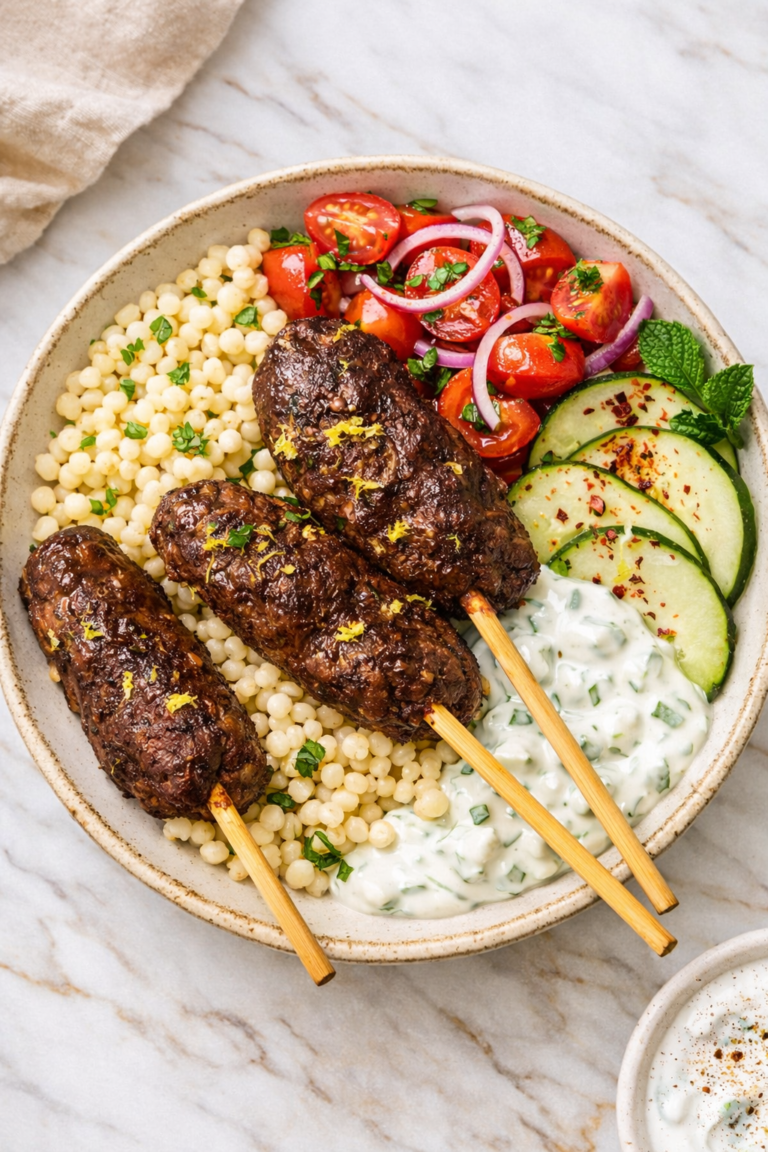 Lebanese kafta kabobs served in a rustic ceramic bowl with pearl couscous, creamy yogurt sauce, marinated tomatoes, red onion, and fresh cucumbers on a marble countertop.