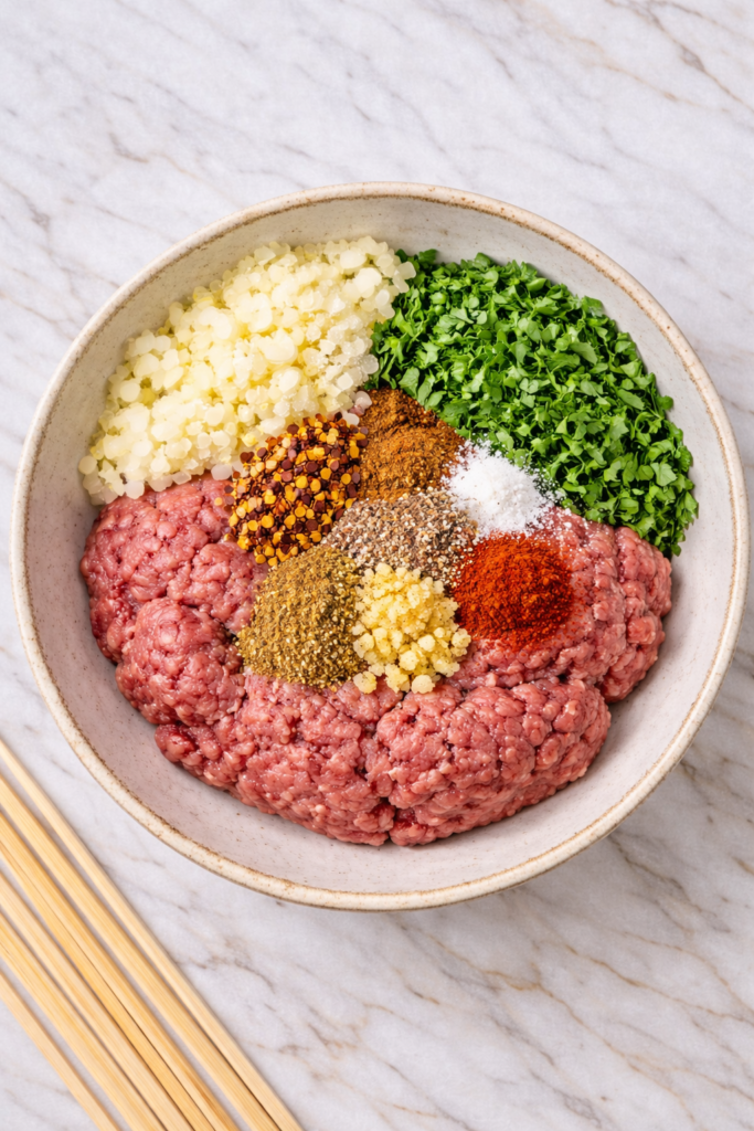 Bowl of raw ground beef with chopped onion, parsley, garlic, and Lebanese spices arranged on top before mixing for kafta kabobs.