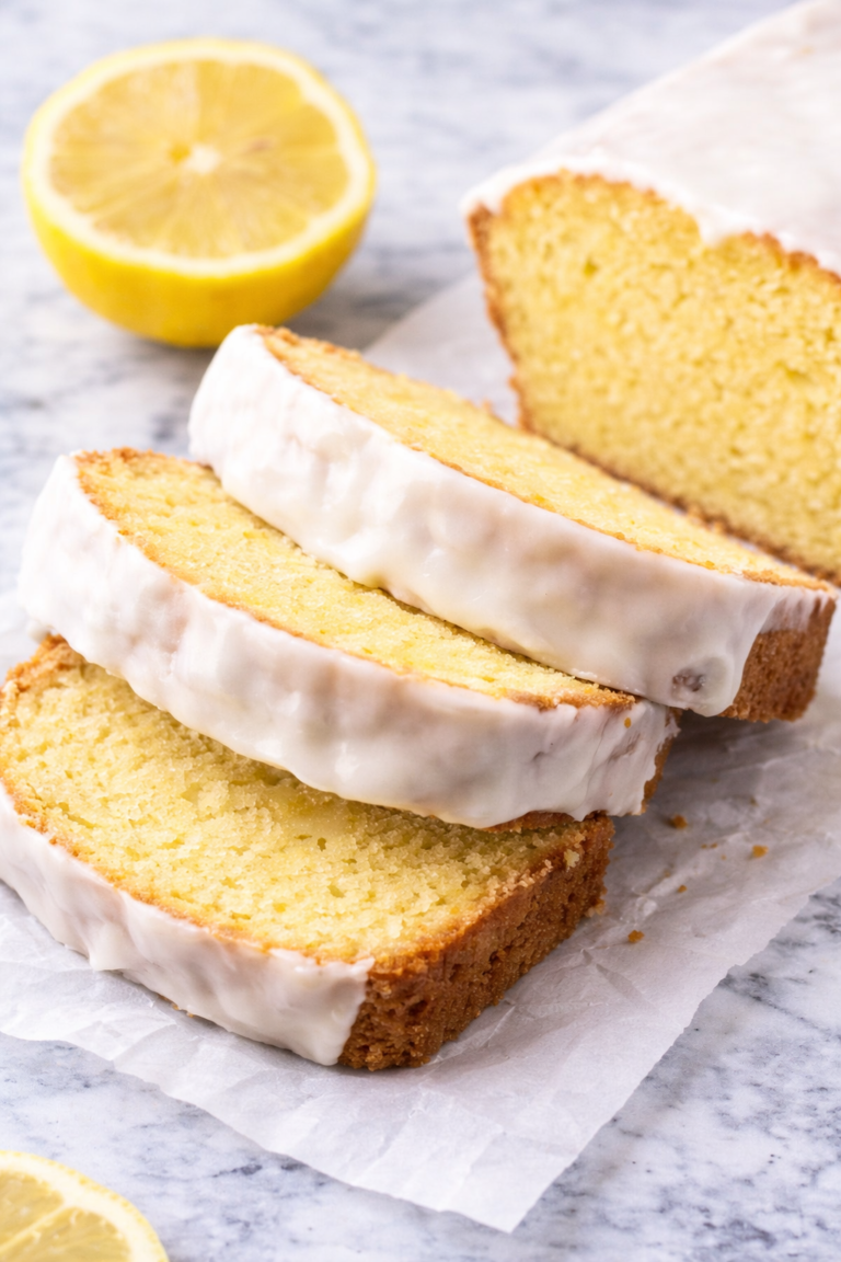 Thick slices of glazed lemon loaf cake styled on wrinkled parchment paper