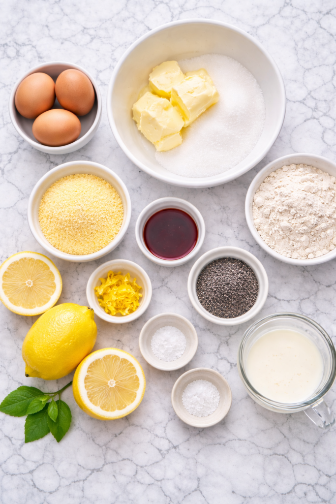 Flat lay of lemon poppy seed cornmeal cake ingredients including butter, sugar, eggs, flour, cornmeal, poppy seeds, buttermilk, fresh lemons, and vanilla on a marble countertop