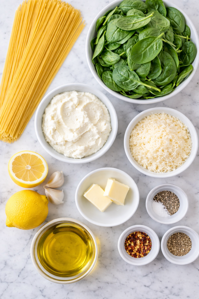 ingredients for lemon ricotta pasta including spaghetti, spinach, ricotta, Parmesan, lemon, garlic, butter, olive oil, and seasonings on a marble counter