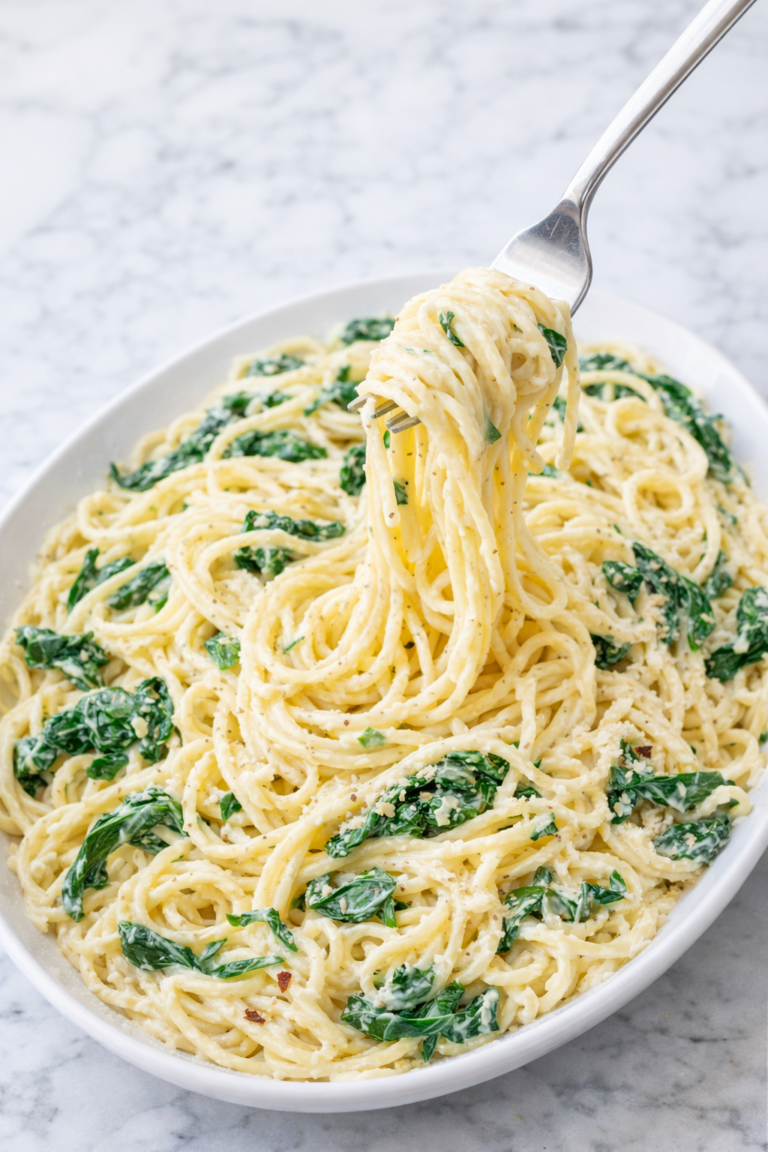Creamy lemon ricotta pasta with spinach on a large white oval platter on a marble counter with a fork twirling the noodles