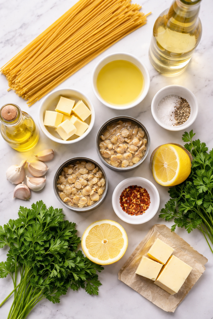 ingredients for linguine in white clam sauce including linguine, garlic, clams, lemon, parsley, butter, olive oil, and white wine