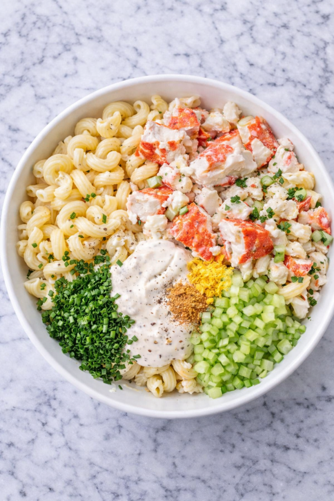 Ingredients for lobster roll pasta salad in a white bowl before mixing, including lobster chunks, pasta, celery, herbs, and creamy dressing on a marble counter