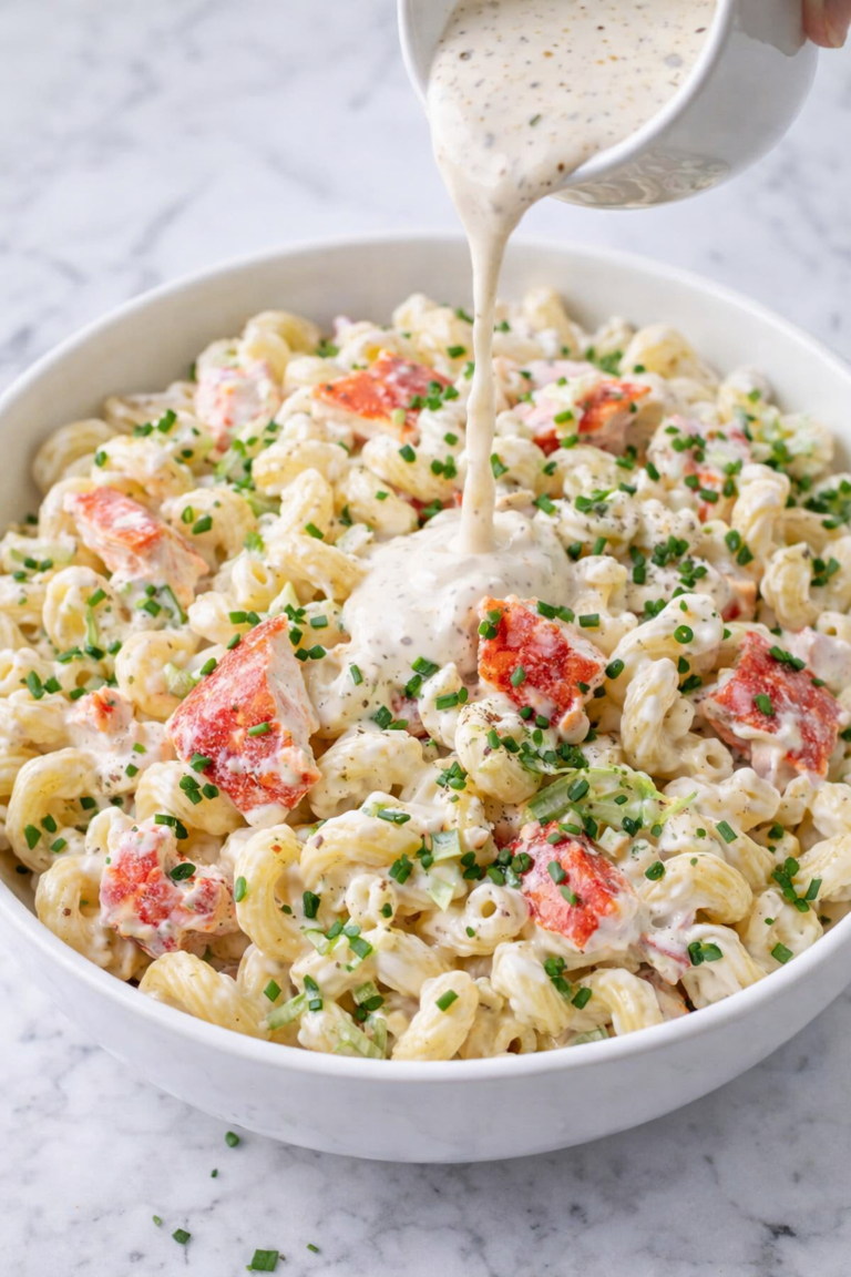 Lobster roll pasta salad in a white bowl with creamy dressing being poured over large chunks of lobster, garnished with chives and parsley on a marble counter