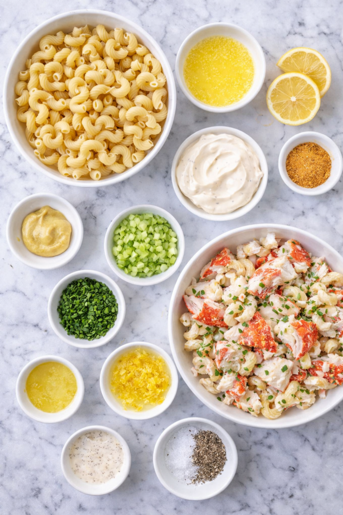 Flat lay of ingredients for lobster roll pasta salad including lobster meat, pasta, mayonnaise, lemon, celery, herbs, and seasonings on a marble counter