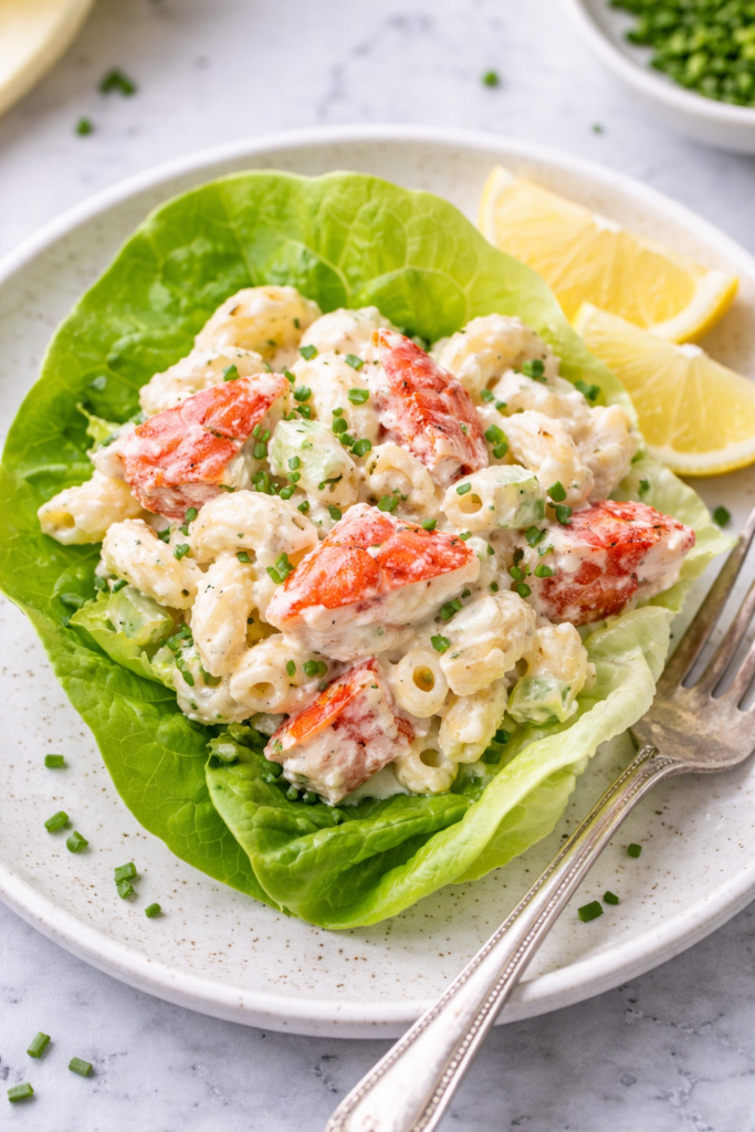 Lobster roll pasta salad served in a butter lettuce cup with large lobster chunks, creamy dressing, and herbs on a white plate with a fork