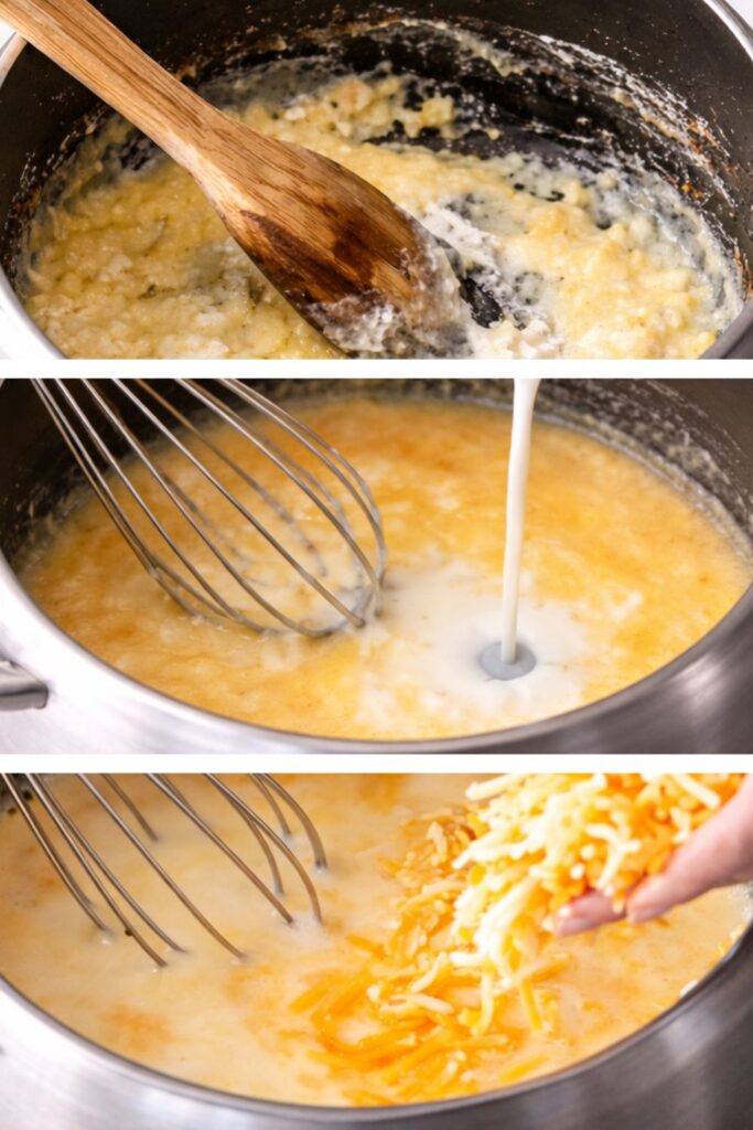 step by step making mac and cheese sauce with roux milk and shredded cheese in saucepan
