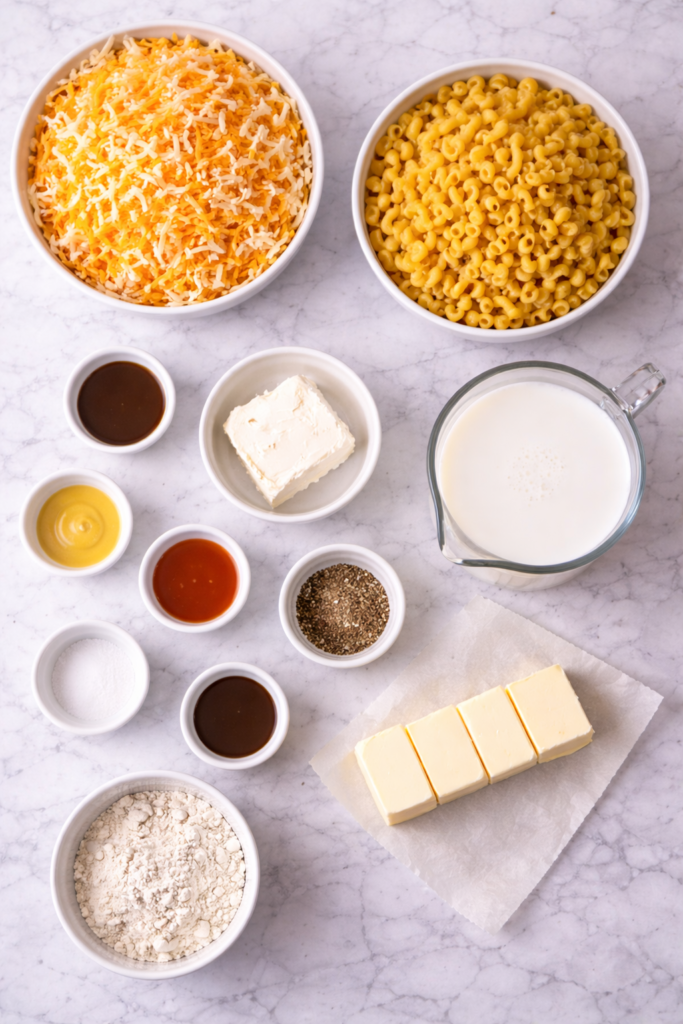 flat lay of classic mac and cheese ingredients including shredded cheese elbow macaroni milk butter and flour