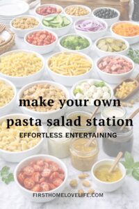 Make your own pasta salad bar setup with toppings and dressings on a white table for easy entertaining