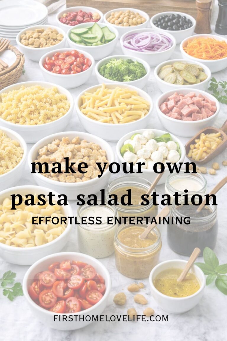 Make your own pasta salad bar setup with toppings and dressings on a white table for easy entertaining