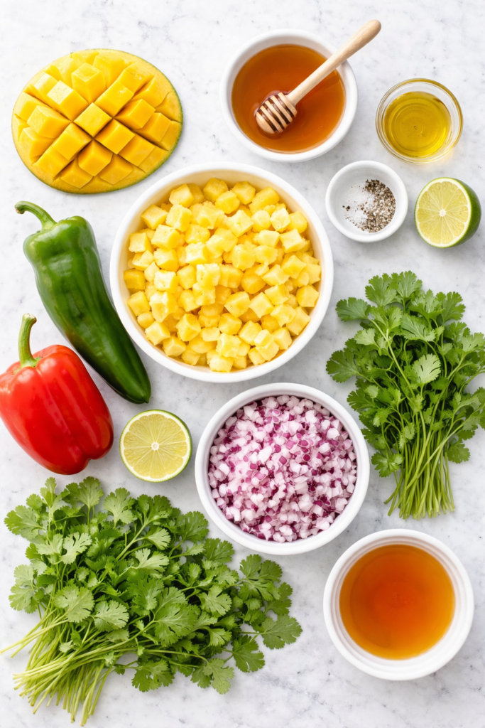 Flat lay of mango salsa ingredients including mango, pineapple, peppers, red onion, cilantro, lime, honey, and olive oil on marble counter