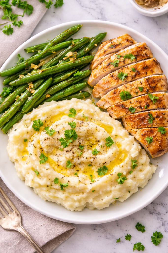 Creamy mashed celery potatoes with melted butter served with sliced chicken breast and green beans on a white plate