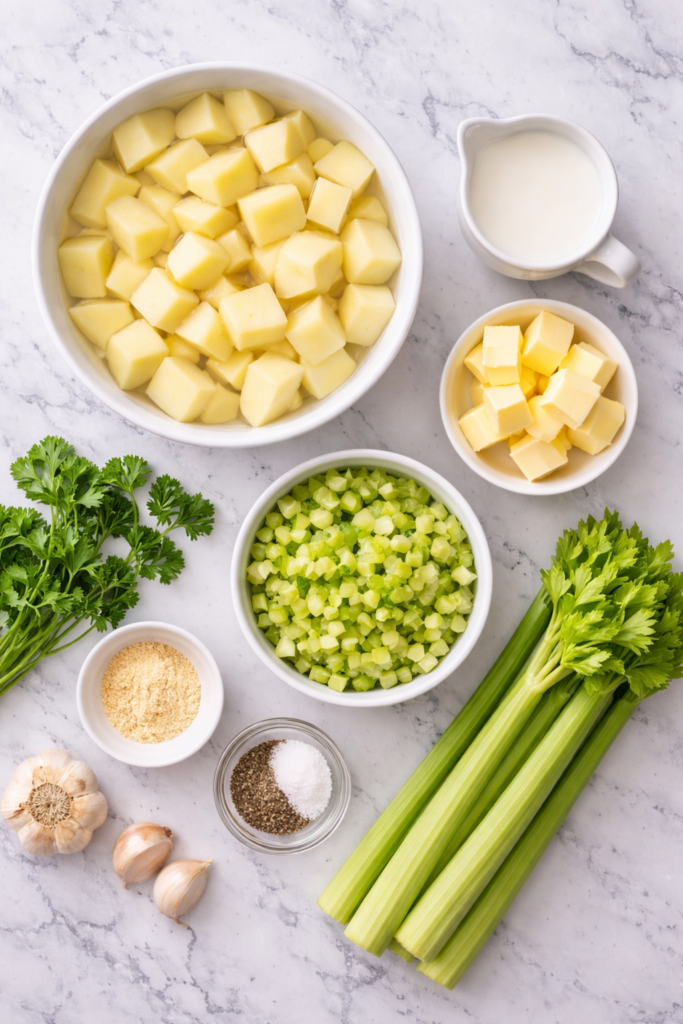 Flat lay of ingredients for mashed celery potatoes including diced potatoes, celery, butter, milk, garlic, and seasonings on a marble countertop