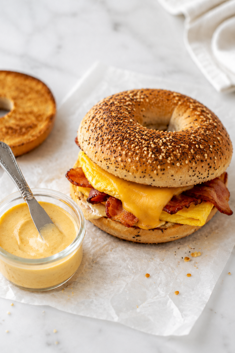 Copycat McDonald’s breakfast sauce with a bacon, egg, and cheese everything bagel sandwich.