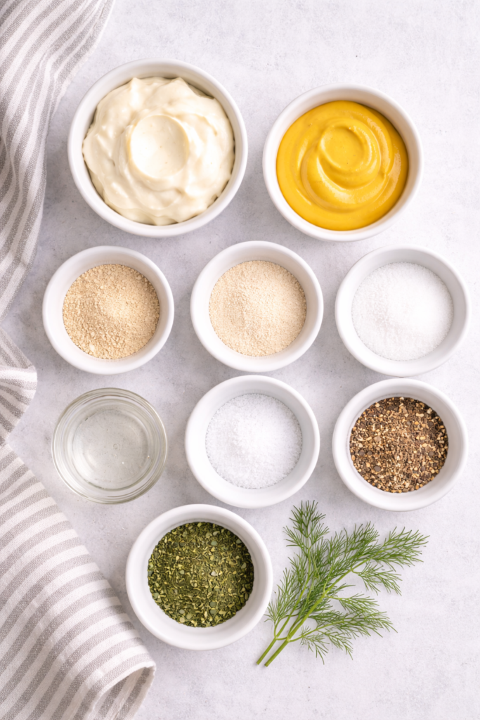 Flat lay of ingredients for McDonald’s breakfast sandwich sauce including mayonnaise, yellow mustard, Dijon mustard, spices, and dried dill