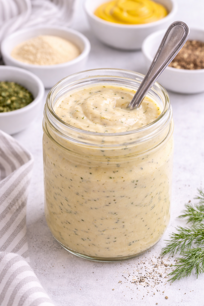 McDonald’s breakfast sandwich sauce in a mason jar with a spoon, creamy dill mustard mayo copycat