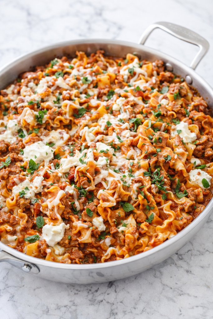 Mediterranean skillet lasagna with cottage cheese, cinnamon-spiced meat sauce, and fresh herbs in a silver skillet on a marble counter